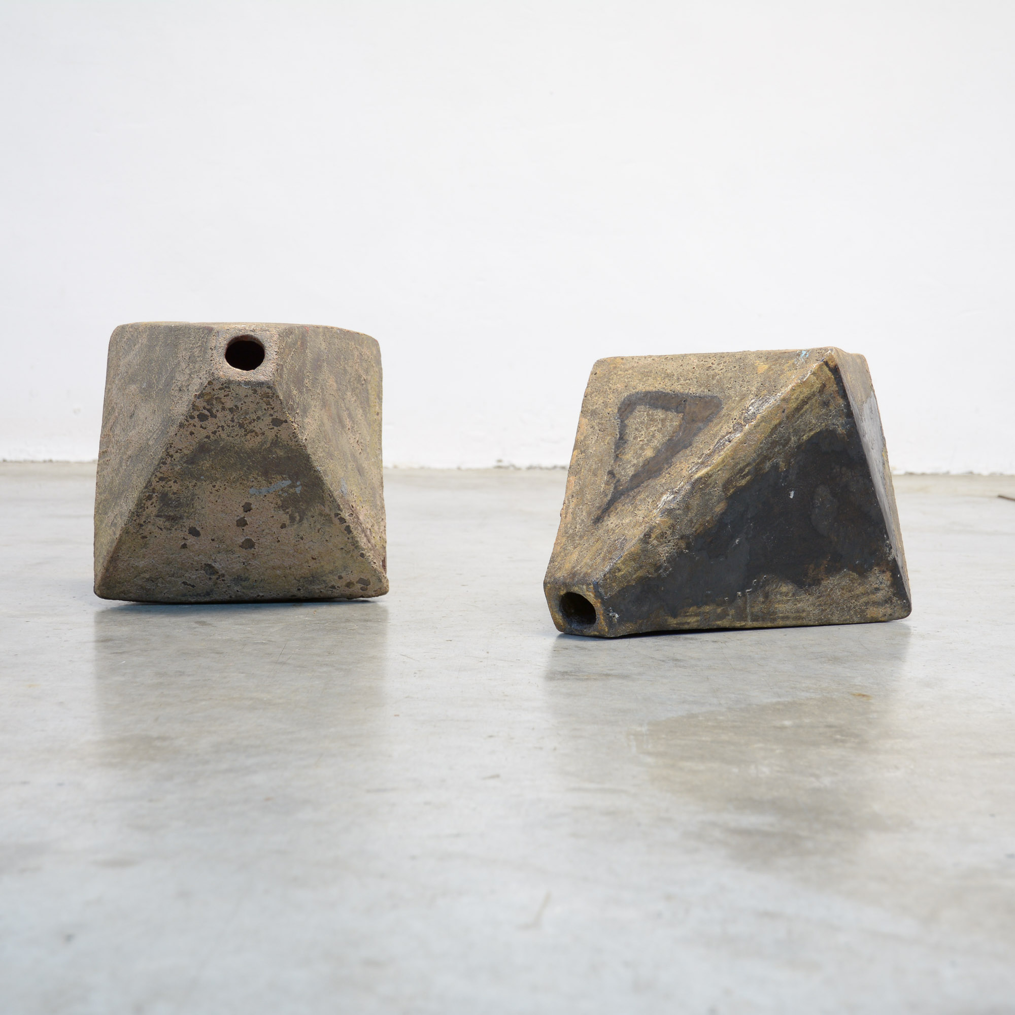 Pair of Brutalist Ceramic Octahedron Sculptures - Vintage Design Point