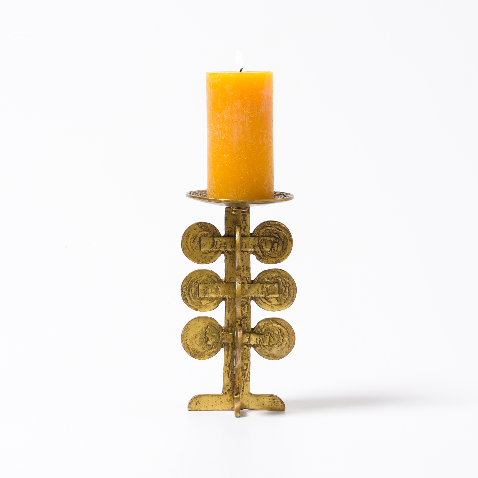Two brutalist brass candle holders